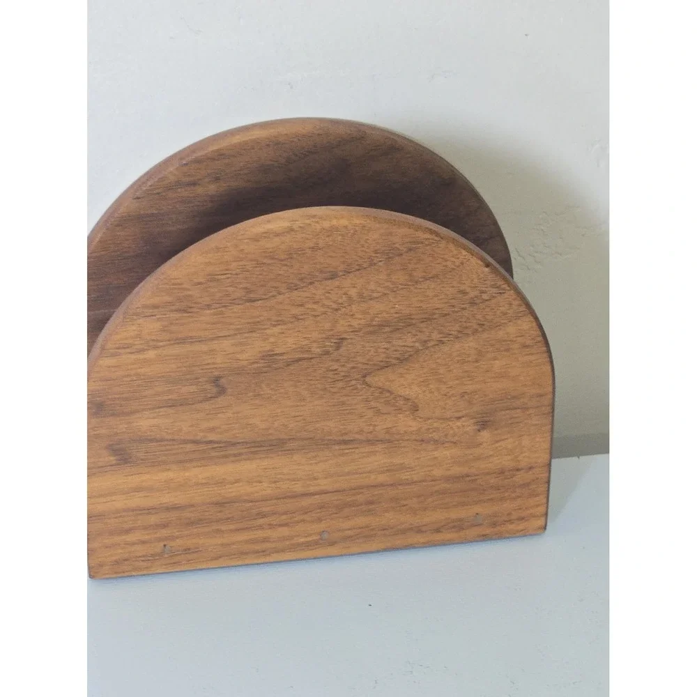 VTG Mid Century Wooden Napkin Holder Arch Teak Acacia Wood Letter Organizer MCM
